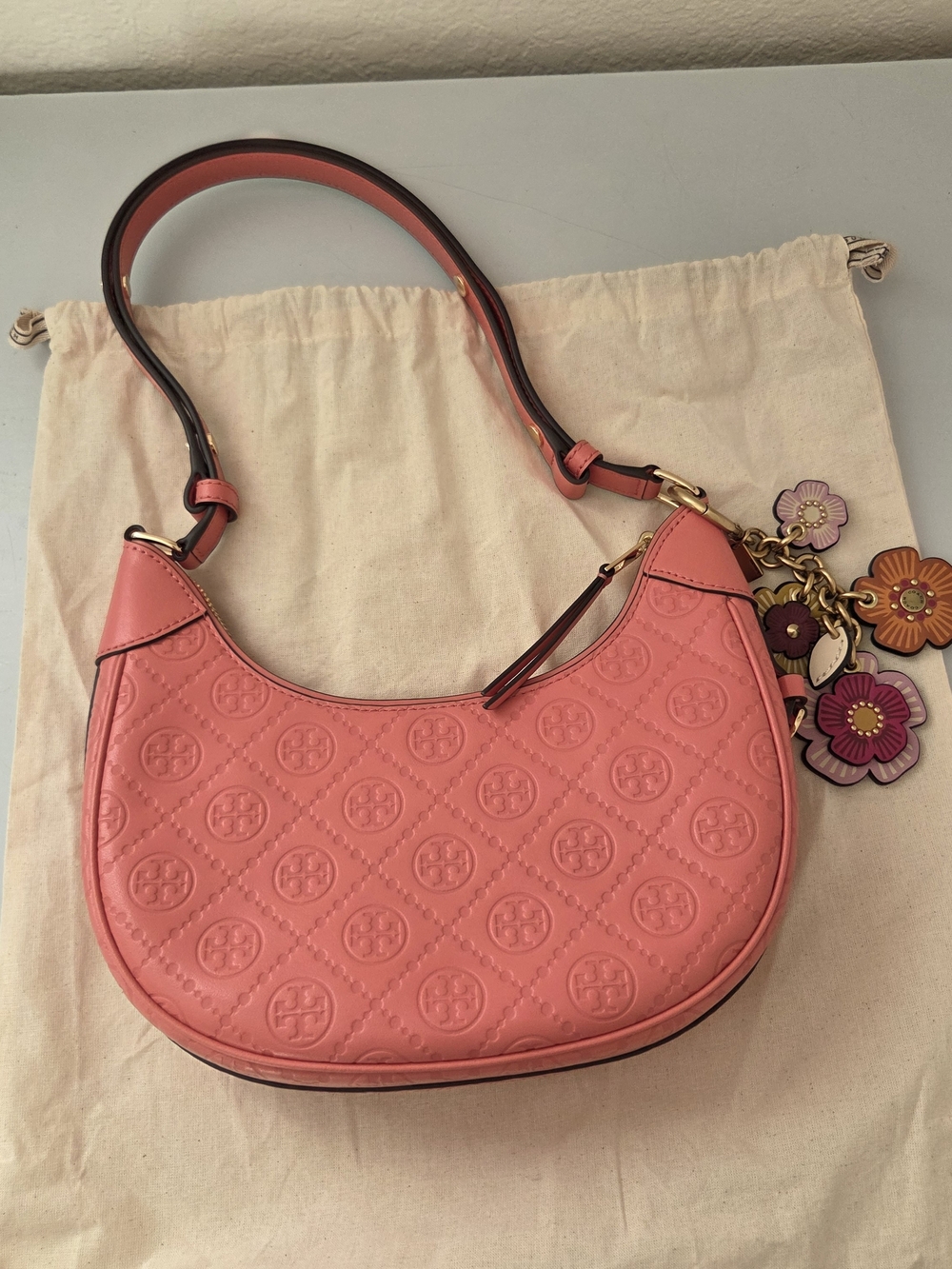Tory Burch T Monogram Leather Crescent Bag in "Coral Crush